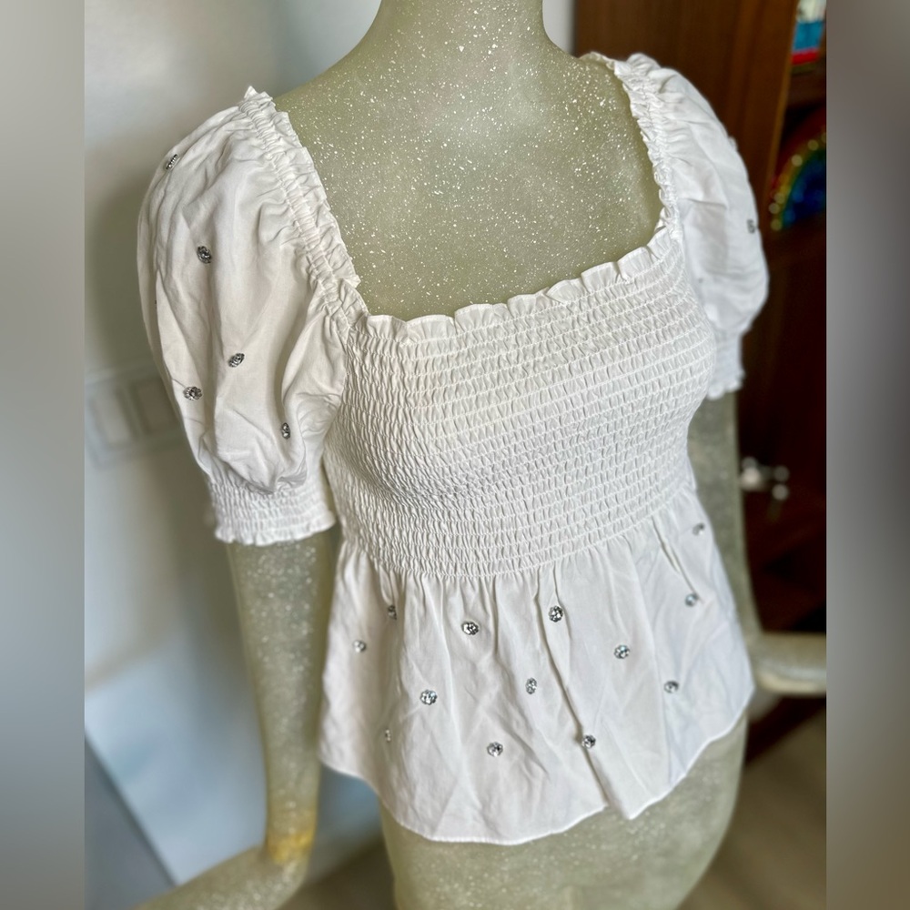 Hill House White Square Neck Puff Sleeve Embellished Top. Size Medium - Picture 4 of 11